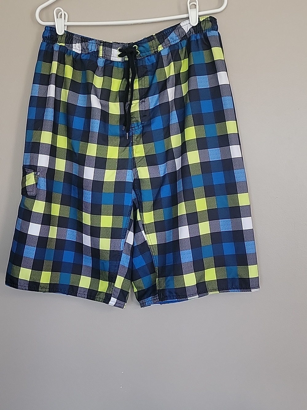 Burnside Men's Plaid Swim Board Shorts Blue Yellow Black White Size M